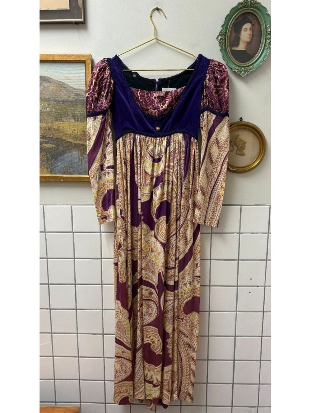 1960s RARE Jay Morley fern Viollete (no tag) Purple Paisley Medieval Maxi Dress